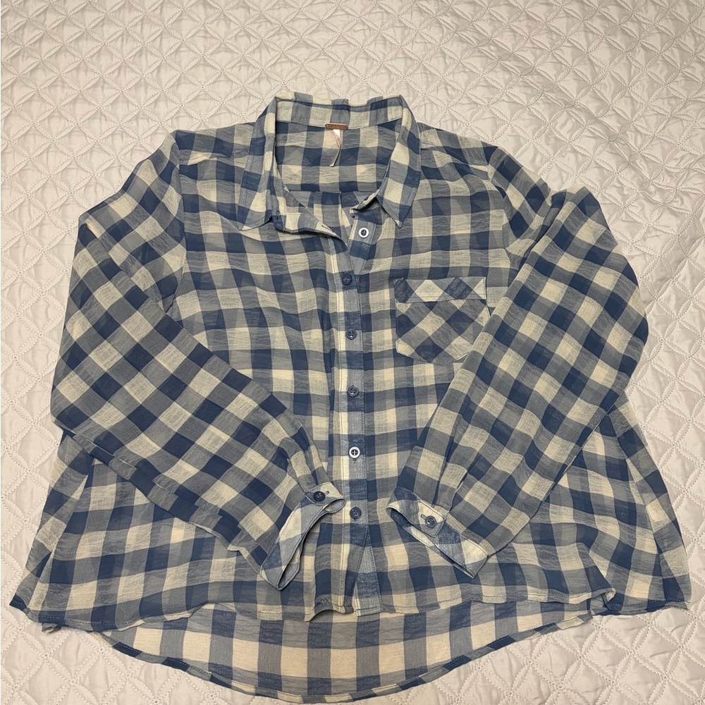 Free People Blue and Cream Gingham Blouse Like New Size M